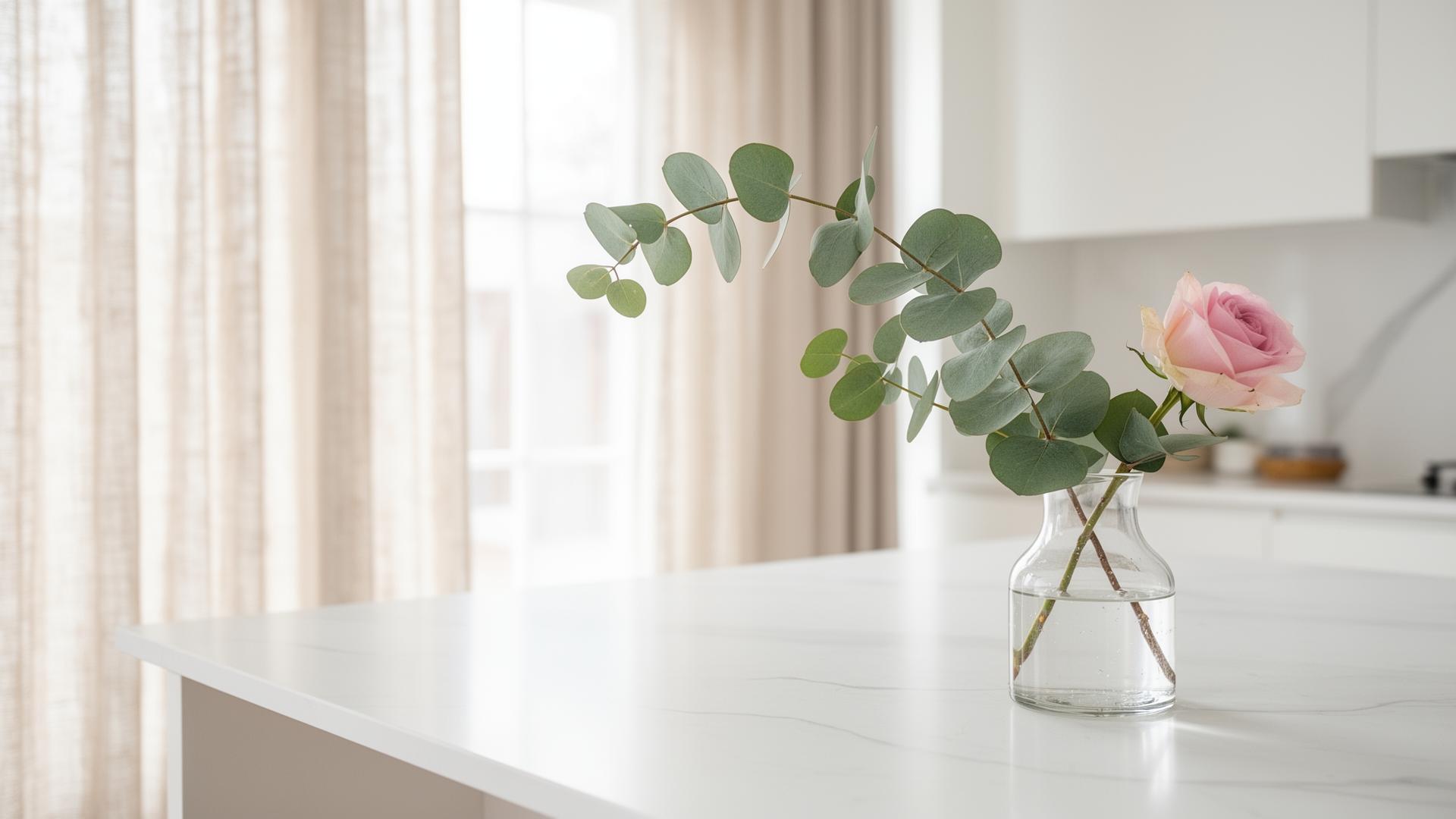 Sunlit clean home interior with eucalyptus and a rose